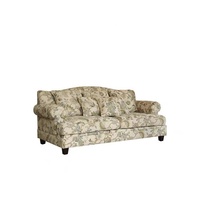 Fauteuil d'appoint en tissu à imprimé floral, accoudoirs roulés, dossier festonné, coussins moelleux, pieds en bois massif, meubles de salon style campagne