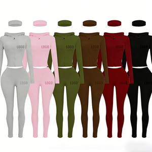 Women's Two Piece Set Long Hooded Sweatshirt Casual Knitting Custom Logo Autumn Spandex Cotton Breathable Bodycon Tracksuit - Product Image 2