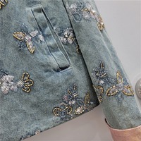 Jaket Denim Wanita Grosir Musim Semi 2026, Berhias Bunga Payet Manik-Manik, Tanpa Kerah, Trim Pink, Leher Bulat, Pendek, Retro Vintage
