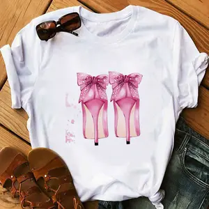Blusa personalizada de verano para mujer, camiseta blanca de algodón con estampado de tacones altos, Tops sencillos de manga corta informales
