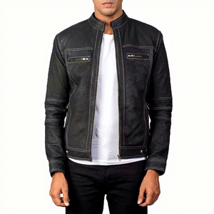 Chaqueta de Motociclista Negra para Hombre, Cuello Alto, Cierre de Cremallera, Corte Ajustado, Acabado Lavado, Color Sólido, Largo Regular, Estilo Biker - Product Image 1