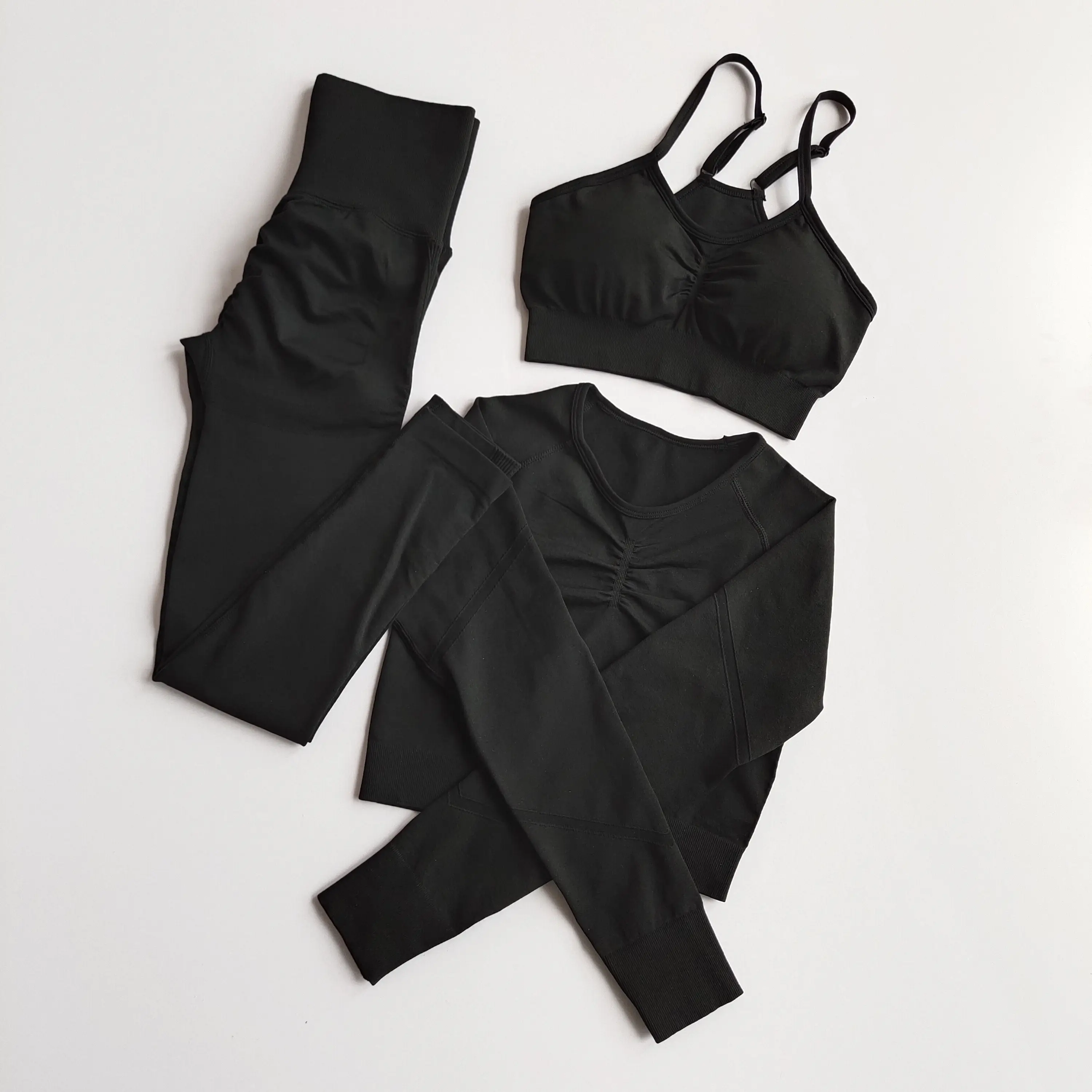 3 PCS Yoga Set Women Seamless Fitness Clothing Sportswear Gym Butt Scrunch Leggings Strappy Sports Bra Long Sleeve Crop Top Suit