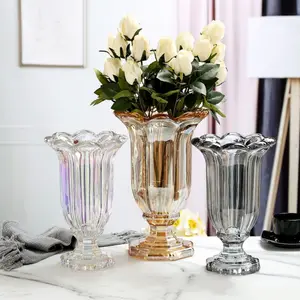 光泽琥珀色8瓣花瓶婚礼中心件玻璃水晶花瓶带底座客厅简单玻璃透明花瓶