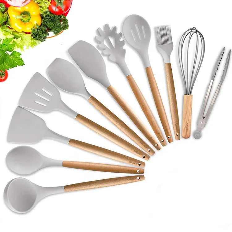 BPA Free Silicone Cooking Utensils 11 Pieces Eco-friendly Wooden Silicone Kitchen Accessories Utensils Set