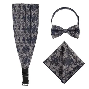 Fashion 100% Microfiber Woven Navy Brown Paisley Cummerbund & Bow Ties & Pocket Square Set For Men