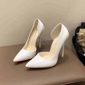 Zapatos de Tacón Alto de Mujer, Estilo Coreano, Color Rojo Sexy, Punta Puntiaguda, Diseño Hueco Lateral, Boca Poco Profunda, Cuero Patentado, Estilo Slip-On, para Primavera y Otoño - Product Image 6