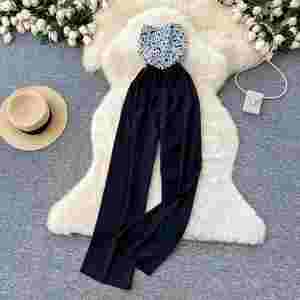 Mono largo casual de primavera sin tirantes, sin mangas, de cintura alta, transpirable, con encaje floral y patchwork para mujer al por mayor - Product Image 3