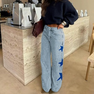 OUDINA Nouvelle Arrivée Jean Décontracté Ample à Jambes Droites avec Strass Étoile à Cinq Branches pour <span class=keywords><strong>Femme</strong></span> - Product Image 5