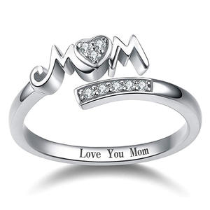 Bague pour maman Q329 en argent avec diamant en forme de cœur, cadeau pour femme, je t'aime maman, bijoux gravés - Product Image 1