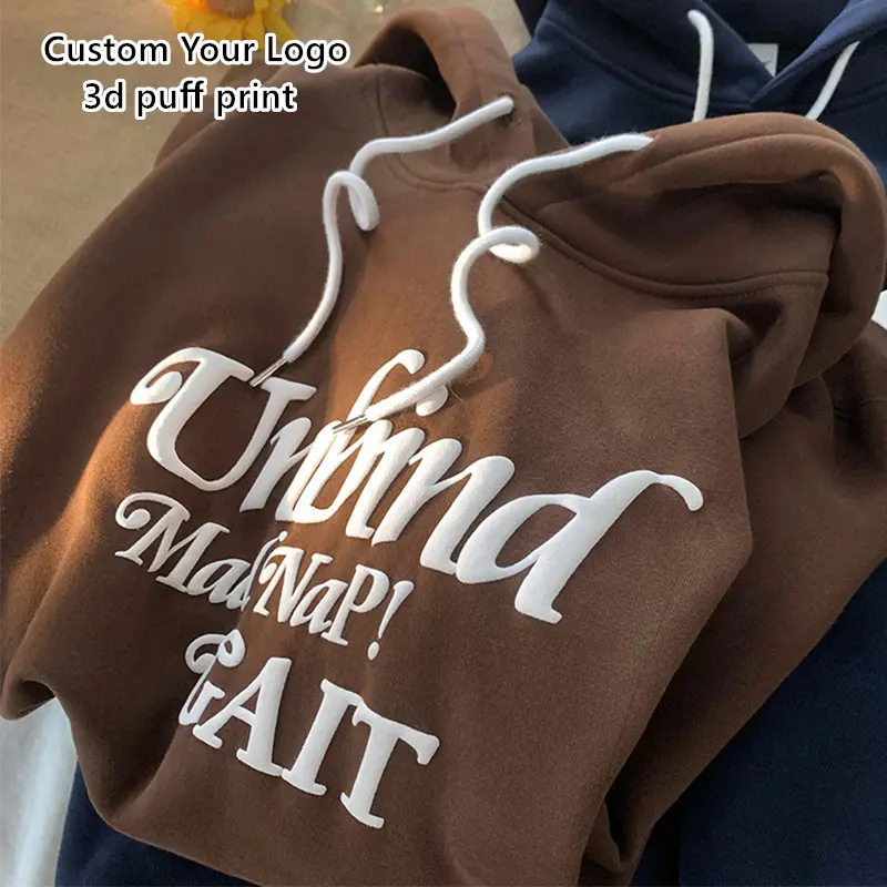 French Terry Custom Logo 3D Cotton Puff Printing Hoodie Blank Oversized Plain Sweatshirts Print Unisex Pullover Men's Hoodies