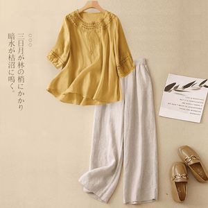 Ethnic Style Women's Two Piece Set Cotton Linen Top With Embroidery Wide Leg <b>Pants</b> Casual Breathable <b>Three</b> <b>Quarter</b> Sleeve - Product Image 1