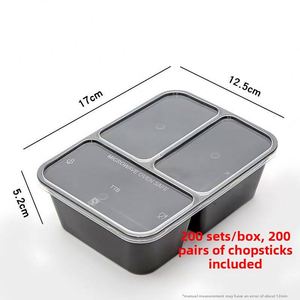 Boîte à lunch jetable noire à 3 compartiments de 500, 650 et 750 ml, conteneur rectangulaire à emporter avec couvercle pour accompagnements - Product Image 2