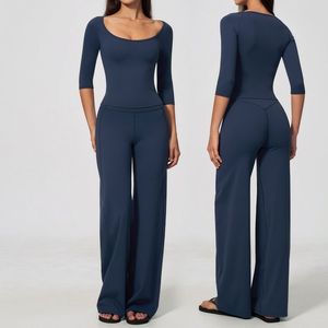 Ensemble tricoté 2 pièces bleu marine pour femme, haut sans manches et pantalon large, décontracté, printemps/été, coupe régulière, rayé, respirant - Product Image 1