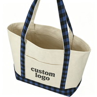 Bolsa de Mano de Lona con Logotipo Personalizado, Asa de Tela a Cuadros, Bolsa de Compras Reutilizable con Bolsillo Delantero para Guardar Comestibles, Viajes y Almacenamiento