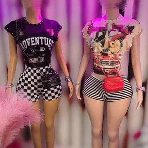 Ensemble 2 pièces PEEQI en coton avec imprimé graphique et rivets, haut et short, tenue décontractée d'été pour femmes - Product Image 1