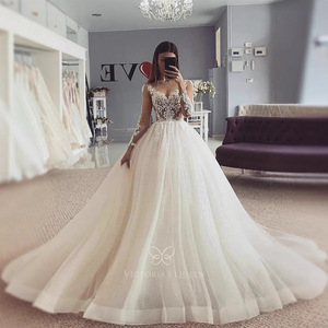 V Neck Long Sleeve Ball Gown Wedding Dress <b>White</b> <b>Lace</b> Vintage Style Elegant Bridal Gown - Product Image 3