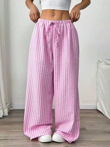 <span class=keywords><strong>Pantalones</strong></span> <span class=keywords><strong>de</strong></span> <span class=keywords><strong>Mujer</strong></span> Estilo Casual <span class=keywords><strong>de</strong></span> Verano, Cintura Elástica con Cordón, Relajados, Versátiles, con Rayas Anchas - Product Image 4