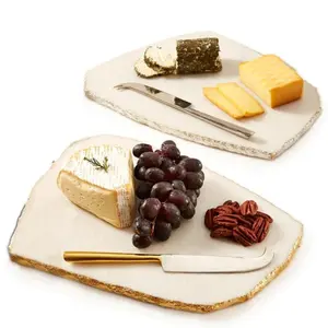 Placa de servicio de queso y mármol blanco rectangular, chapado en oro Irregular, con cuchillo