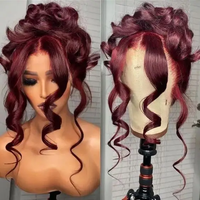 250 densité 360 pleine dentelle perruque cheveux humains 99j rouge couleur perruques vague de corps cordon Invisi sangle 13x6 Hd dentelle avant perruque