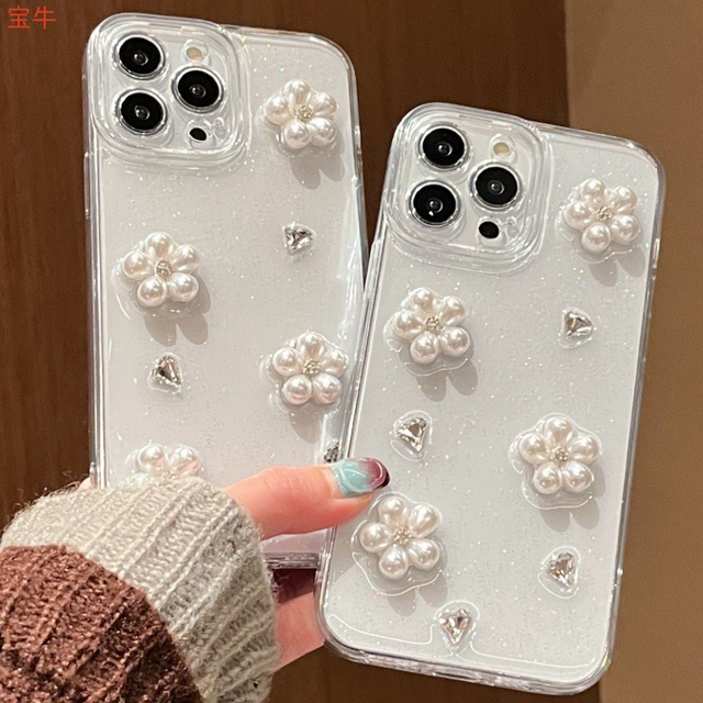 For iphone 16 Pro Max Pearl Flower Rhinestone Korean Ins Style Women's Luxury Mobile iphone 14 case Silicone for 15 Plus 17 Air