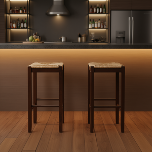 Tabourets de bar Kaden, ensemble de 2, assise en rotin, structure en bois, design traditionnel, mobilier de bar - Product Image 2