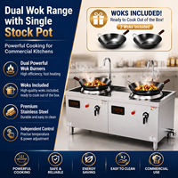 Cuisinière à induction double foyer avec wok 300 mm, cuve à soupe simple, économie d'énergie, contrôle de zone double, arrêt automatique de sécurité, pour restaurant