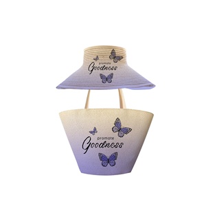 Bolso de Mano de Paja con Diseño de Mariposas y Degradado de Color Rosa con Sombrero para Mujer, para la Playa en Verano - Product Image 2