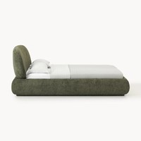 Lit double haut irrégulier avec tête de lit incurvée en tissu de coton et lin rembourré couleur crème