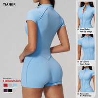 Combinaison de yoga personnalisée pour femme, manches courtes, demi-zip, body de sport, coutures 3D, coussinets amovibles, tenue de fitness pour la gym