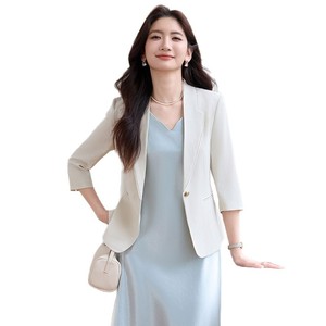 Women's Mid Sleeve Lightweight Blazer Solid Color Polyester Breathable Casual Suit Dress Slim Fit Summer Wear - Product Image 5