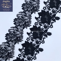 Ruban de dentelle brodé noir en gros avec motifs floraux ronds et ajourés en forme de feuille pour la décoration de vêtements de mode pudique