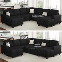 Canapé modulaire moderne F&J Home avec lit escamotable, forme en L, rangement, chaise longue, housse amovible, combinaison libre, 6 places, noir