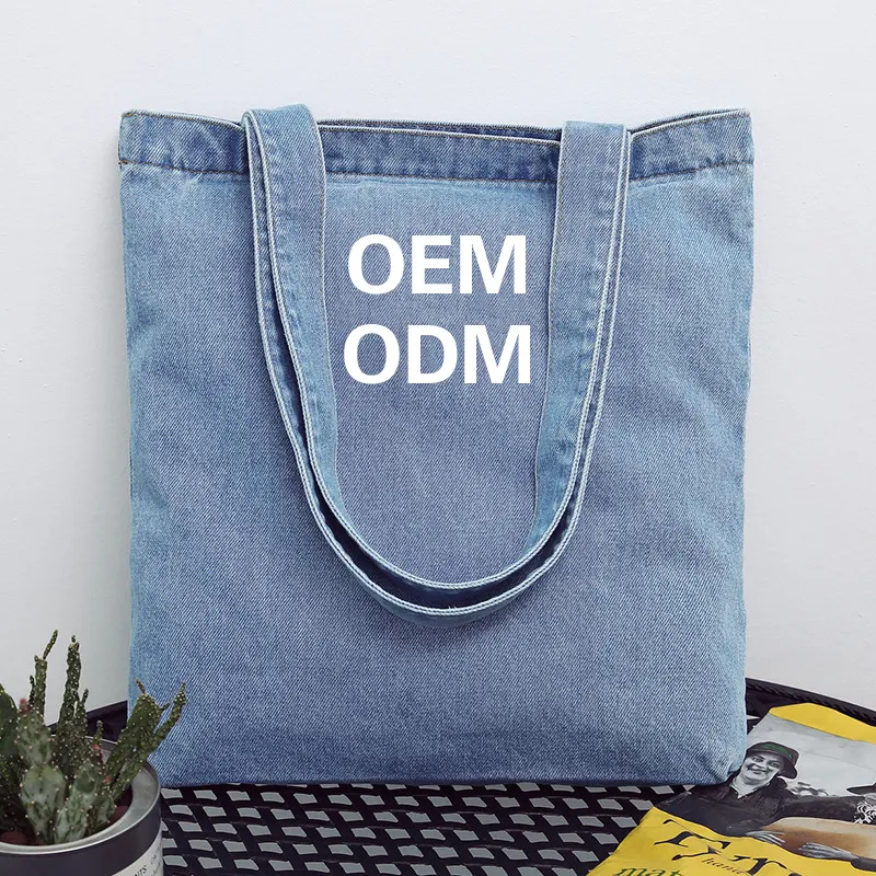 OEM ODM Custom Logo Eco Recycled Designer Women Shoulder Jean Cloth Tote Bags Denim Tote Bag