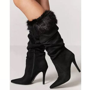 Suede Upper Fluffy Fur Women Pile up Boots Side Zipper Comfortable Short Booties High <b>Heel</b> Half Knee High Daily Boots Shoes - Product Image 1