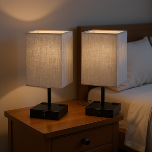 Lámpara de escritorio moderna con atenuación táctil y puertos USB, pantalla de tela gris, juego de luces para mesita de noche, iluminación para dormitorio. - Product Image 2