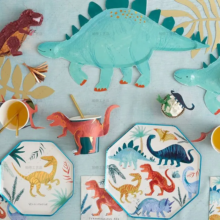 Placas de papel descartáveis para festa, placas de papel estampadas para festa, tema do dinossauro divertido