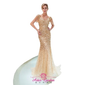 Champagne Evening <strong>Dress</strong> 2023 <strong>Off</strong> <strong>the</strong> <strong>Shoulder</strong> Crystal Beaded Evening Gown Floor Length Prom Party Gown Robe De Soiree PE24 - Product Image 1