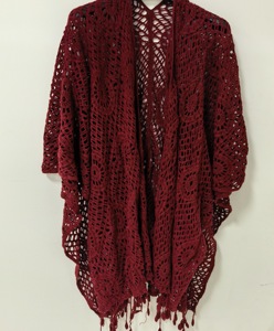 Poncho Cárdigan <span class=keywords><strong>de</strong></span> <span class=keywords><strong>Ganchillo</strong></span> Vintage, Chal <span class=keywords><strong>de</strong></span> Punto Calado Color Vino Tinto para Mujer con Borlas, Ligero para la Playa en Verano - Product Image 1