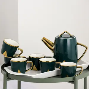 Bắc Âu sang trọng màu xanh đậm vàng buổi chiều trà thời gian sứ ấm trà gốm cà phê Tea Cup Set với khay