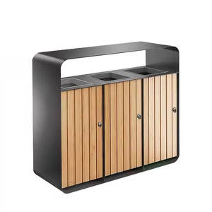 حاوية فرز النفايات للأماكن العامة، سلة مهملات معدنية بسطح خشبي ثلاثية الأقسام مع غطاء - Product Image 5