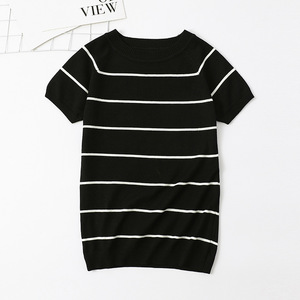 Maglione lavorato a maglia da donna, <span class=keywords><strong>pullover</strong></span> estivo sottile, t-shirt a maniche corte a righe bianche e nere - Product Image 3