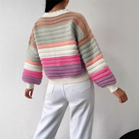 Damen Frühling Lässiger Atmungsaktiver Regenbogen-Gestreifter V-Ausschnitt Pullover mit Einknopfverschluss Maschinenstrick-Cardigan
