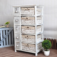 Panana — meuble de chevet en bois blanc, armoire avec 5 tiroirs, panier de rangement en osier, vente en gros