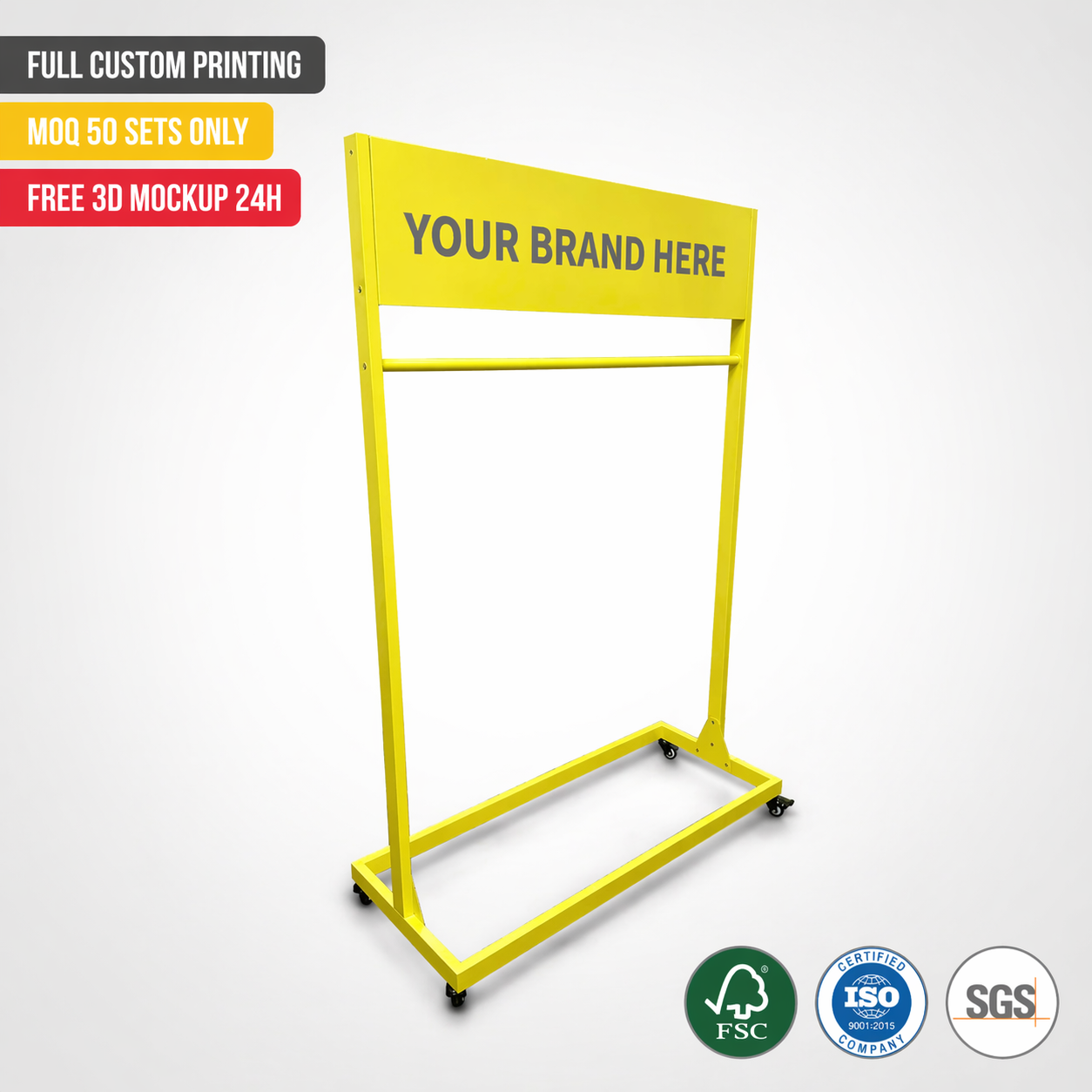 Wholesale Custom Heavy Duty Metal Clothing Display Rack Move Garment Hanging Stand with Branding Header for Retail Apparel Store