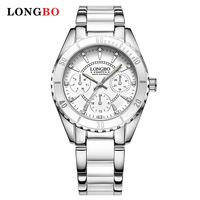 LONGBO 80303 Marque Best-seller Montre à trois yeux Céramique Acier Ceinture Étanche Lumineuse Dames Montre à Quartz
