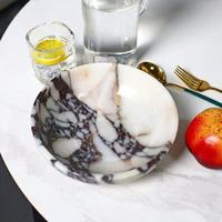 Luxe ecologische decoratieve fruitschaal van natuurlijk Calacatta Viola travertijn, gepolijst, landelijke stijl, voor noten en gedroogd fruit