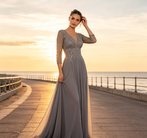 Vestido <span class=keywords><strong>de</strong></span> Noche Elegante Gris <span class=keywords><strong>de</strong></span> Gasa para <span class=keywords><strong>Fiesta</strong></span> <span class=keywords><strong>de</strong></span> Gala 2026, Estilo Tradicional Chino, Línea A, Impresionante Vestido <span class=keywords><strong>de</strong></span> Noche Gris con Cuentas, Manga 3/4 - Product Image 3