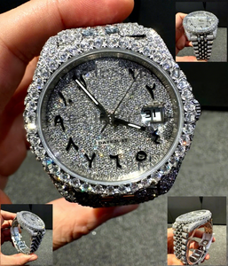 Montre chronographe en acier inoxydable avec cadran rond en cristal de verre, sertie de diamants Moissanite VVS, résistante à l'eau 10 bars - Product Image 1