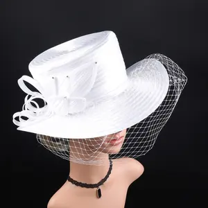 Deluxe White Church Hats Party Fascinator Kentucky Derby Hats Banquet Satin Cloth Sun Hats Hair Accessories For Women