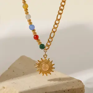 Nieuwe Rvs 18K Gold Half Kleur Kraal Ketting Half Figaro Ketting Natuurlijke Opal Stone Zon Hanger Ketting